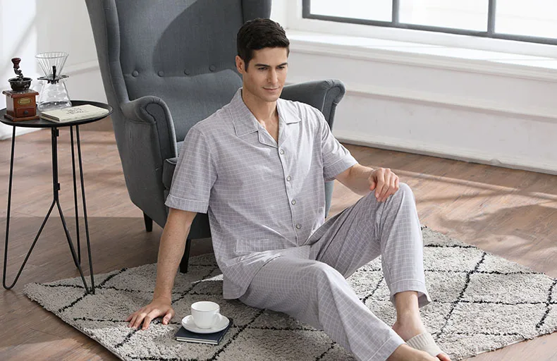 CherLemon/мужская Трикотажная хлопковая пижама в клетку, мужская летняя одежда для сна, короткий рукав, топы для сна с поясом, длинные штаны, пижамный комплект