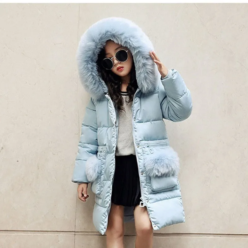 

Teen Girls Winter Jackets Children Winter Clothes Toddler Girl Coats 2018 Warm Fur Collar Hooded Outerwear Blue Pink Clothing