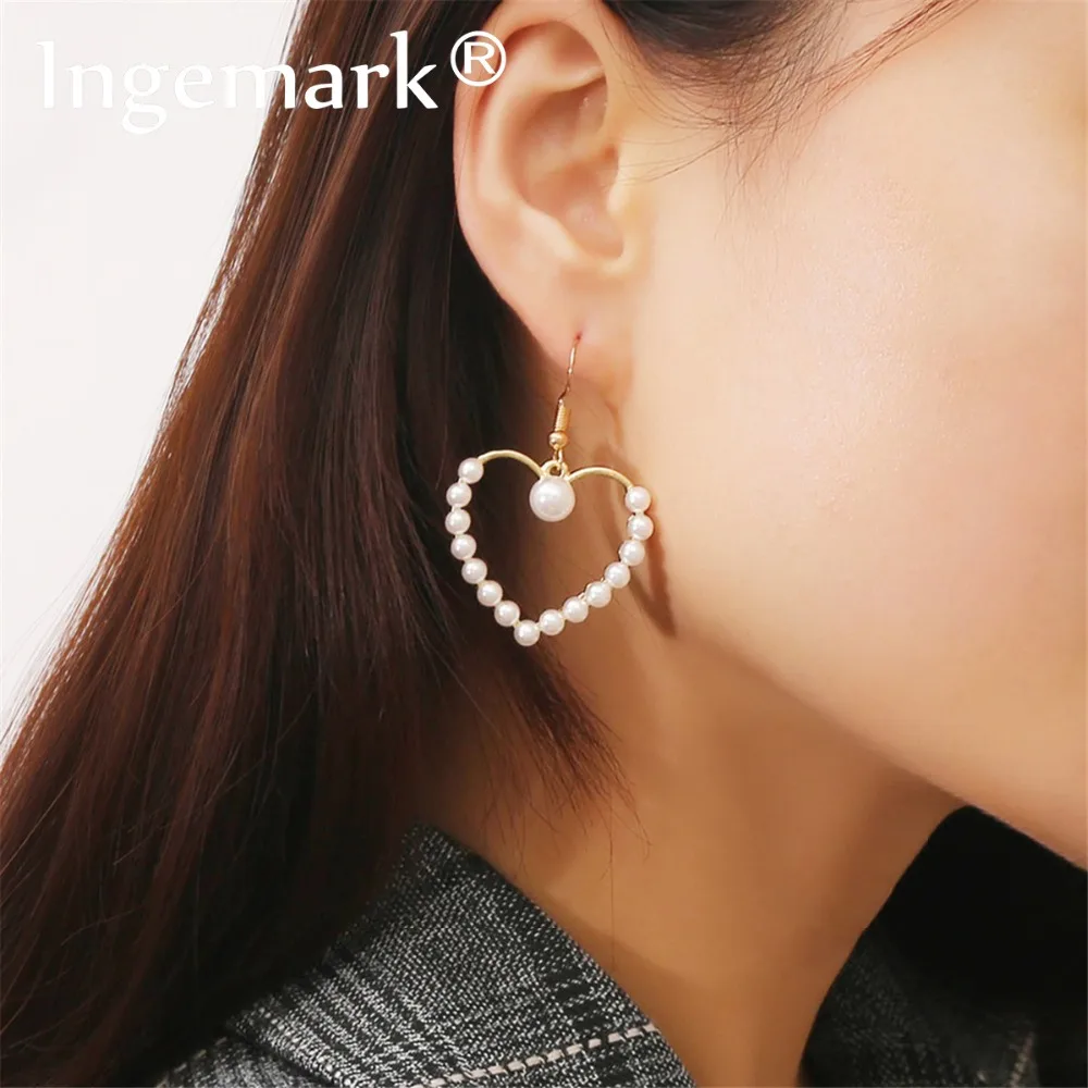 

Ingemark Korean Imitation Pearls Heart Dangle Earrings Tiny Girlfriend Gift Sweet Hollow Love Drop Earring Valentine's Day Gifts
