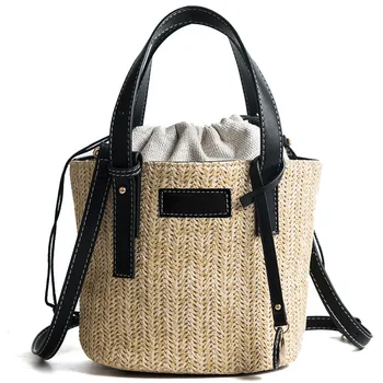 

2020 new summer straw bag for shoping fashion Drawstring Bucket messenger bag High capacity beach tote bags set women 2pcs M535