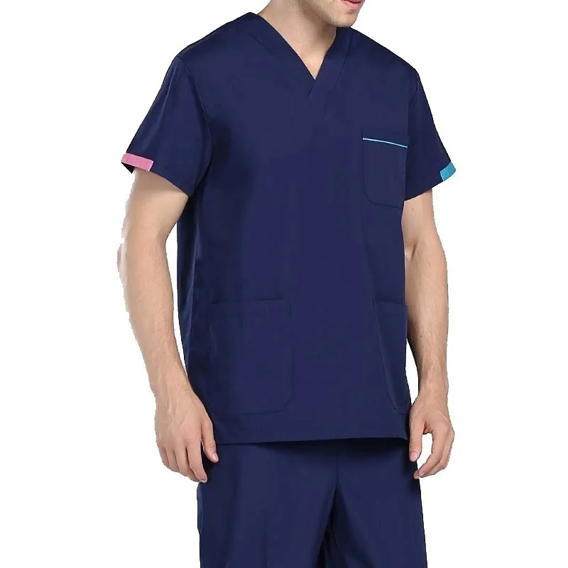 [TOP] Men's Fashion Short Sleeve Scrubs Tops V Neck  Contrasting Color Design Nursing Uniforms,medical uniforms