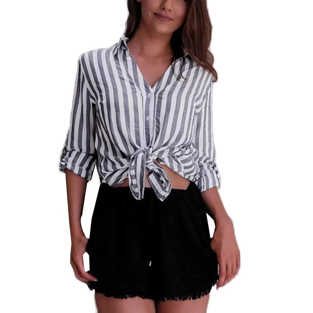 Womail The newest trend for 2019 is the year-round women striped long-sleeved casual button-down cotton broadcloth shirt W30423