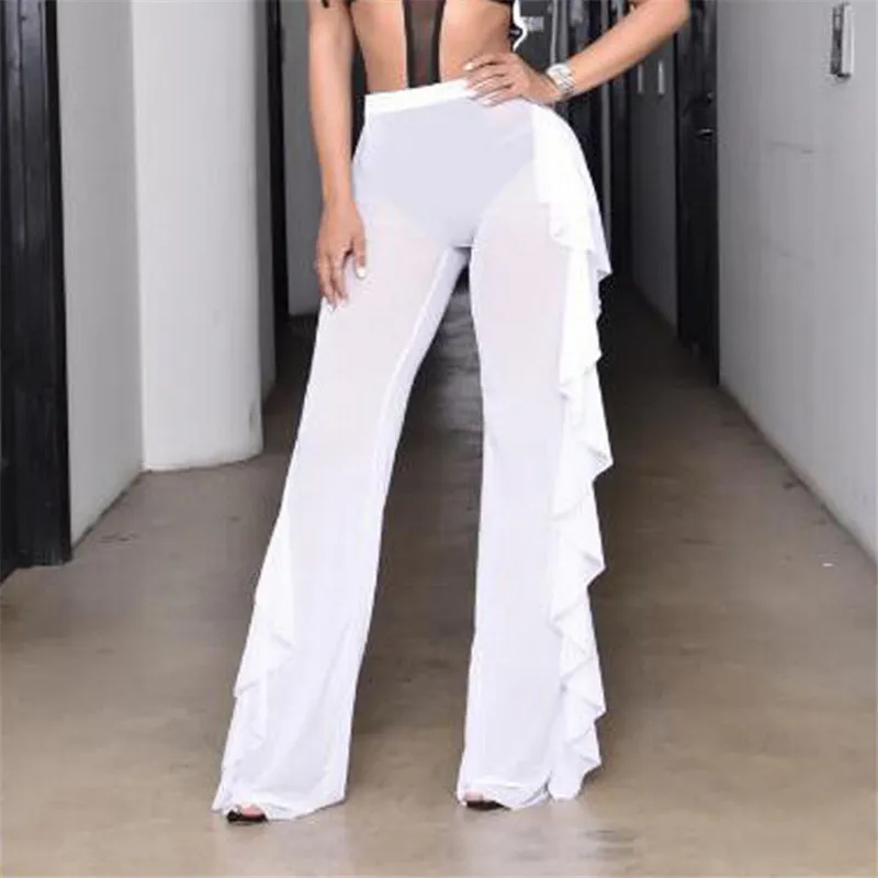 

Fashion Women See Through High Waist Pants Ladies Transparent Wide Leg Pant Long Loose Trouser Mesh Ruffles Pure Color Trousers