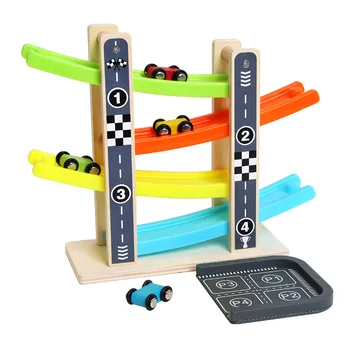 

Wooden Train 4-Layer Race Track & 4 Mini Inertia Race Car Sliding Toy Vehical &Train Baby Toddler Motor For Baby Car