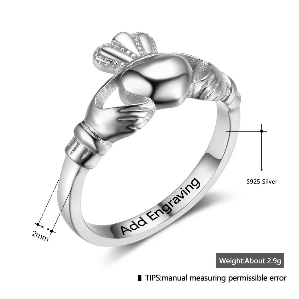 New 925 Sterling Silver Claddagh Rings Heart Shape Engravable Rings Irish Love& Friendship&Loyalty Jewelry JewelOra RI102800