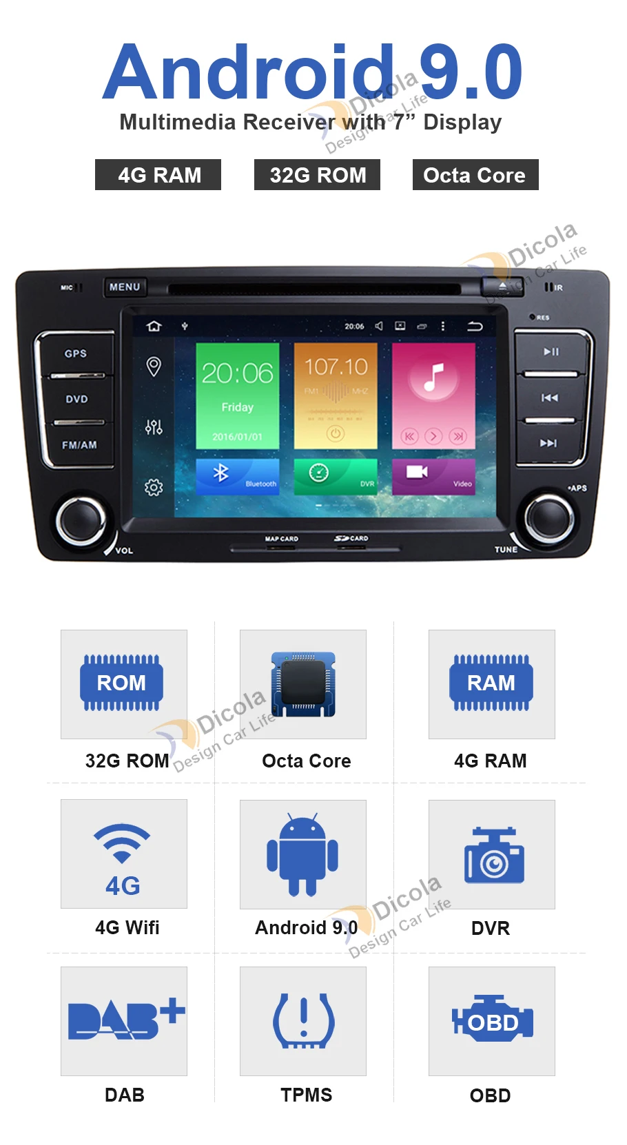 Perfect Octa Core Android 9.0 Car DVD Multimedia Player For Skoda Octavia 2009-2013 A5 WiFi BT Car Stereo Radio Head Unit GPS NAVI IPS 3