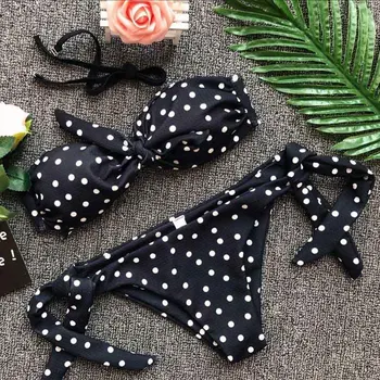 

Swimwear Women 2019 Fashion Leopard Dot Print Bandeau Swimsuit Bathing Suit Bandage Padded Push Up Bikini