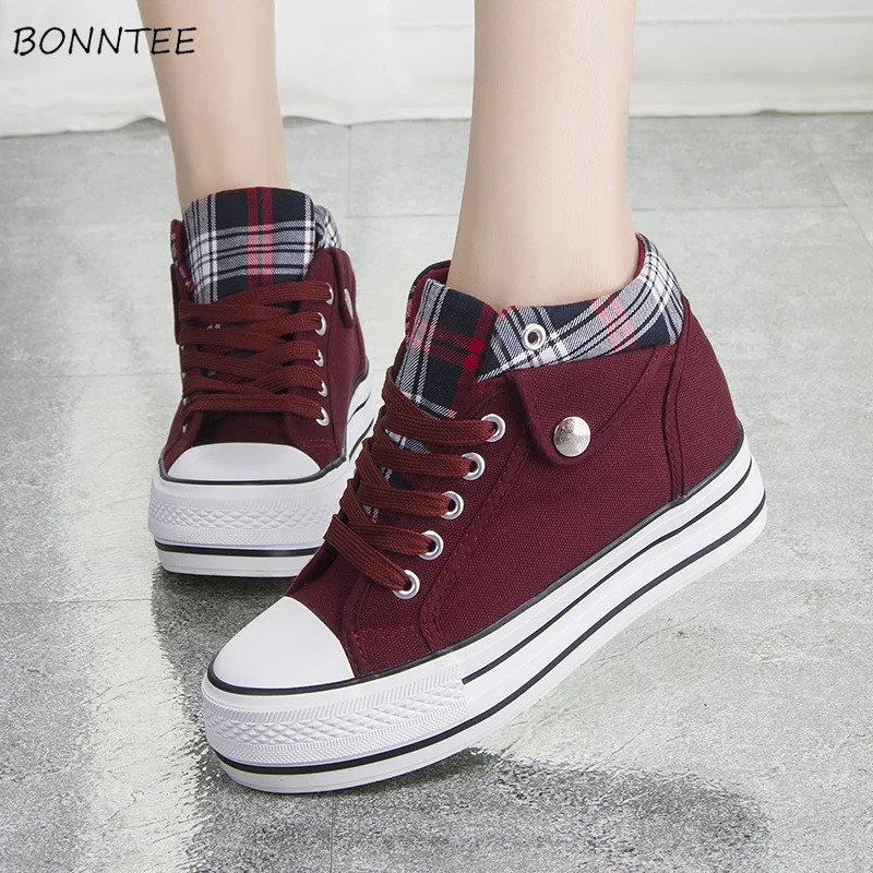 

Vulcanize Shoes Women Flat Thick Bottom Canvas High Top Footwear Womens All-match Retro Waterproof Walking Student Leisure Plaid