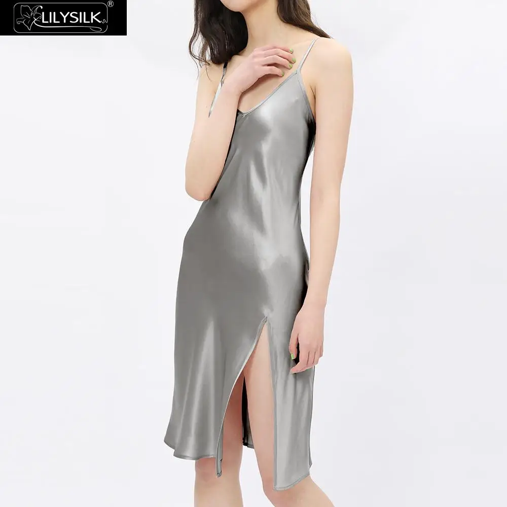Silvergray LilySilk шелковая ночная рубашка 19 Momme с v-образным вырезом Роскошная натуральная элегантная женская одежда - Цвет: Silvergray