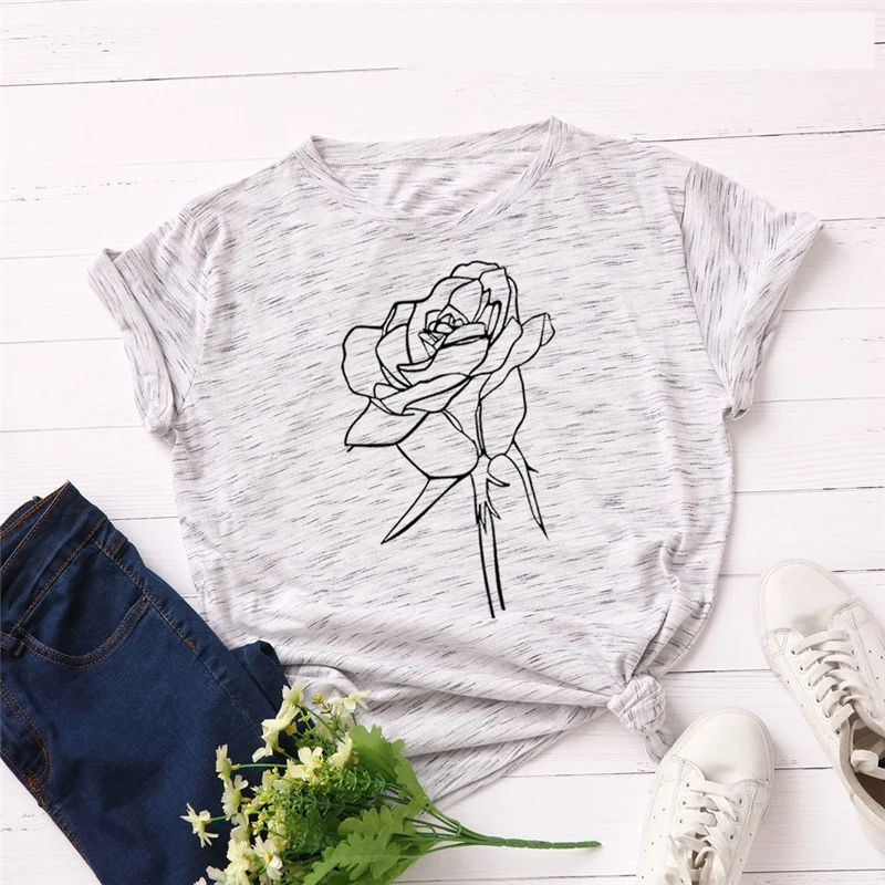 Модная женская футболка с принтом розы размера плюс 5XL, хлопок, круглый вырез, короткий рукав, летняя футболка, топы, Повседневная футболка, женские рубашки