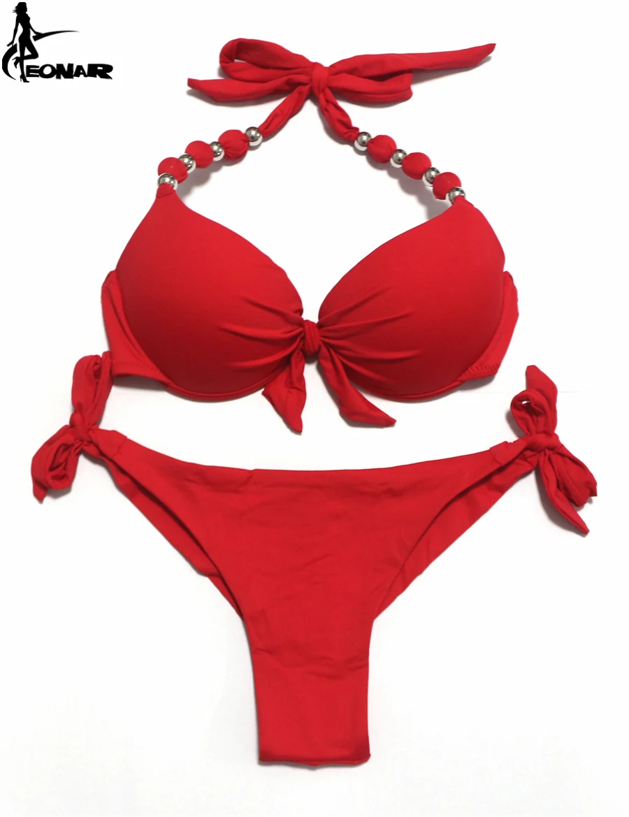 Meioro Women's Bikini Set - Low Waisted Two Piece, Brazilian Cheeky Bottom, Push Up Top, Bright Pink