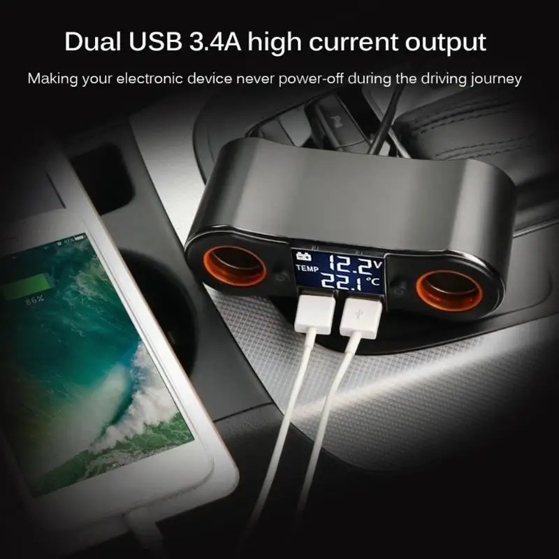 LCD 1 to 2 Car Cigarette Lighter Socket Splitter Dual USB 3.4A Auto Quick Charging Adapter with LED Indicator Separated Switch
