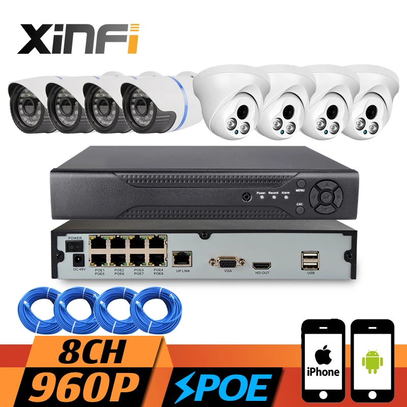  XINFI 8CH POE System HDMI built-in POE function NVR Recorder with 8 POE 960P HD Camera Home Security poe Camera System CCTV kit 