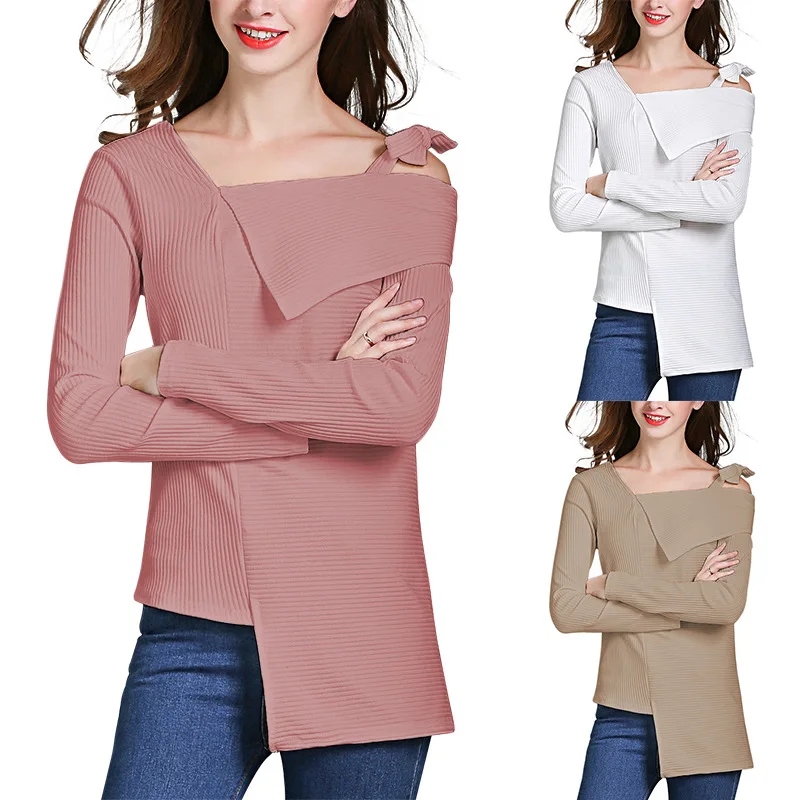 Drop Shipping 2019 Explosion Women's Sweater Bow Sling Solid Color Long Sleeve | Женская одежда