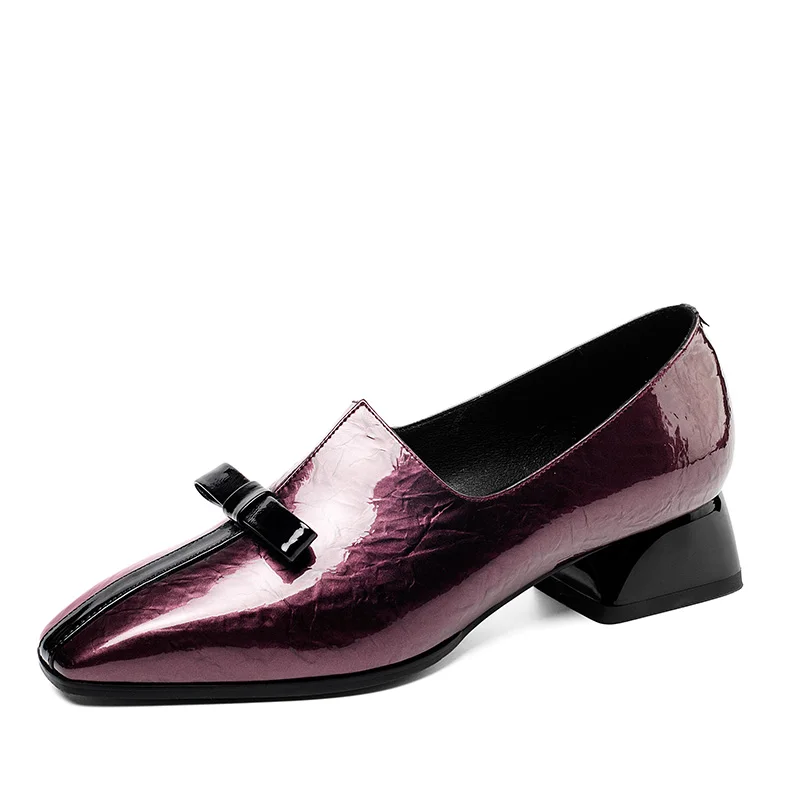 ISNOM/туфли-лодочки на толстом каблуке; женские туфли-лодочки с бантом; женская обувь из коровьей кожи; женская офисная обувь с квадратным носком; Новинка года; сезон осень - Цвет: Фиолетовый