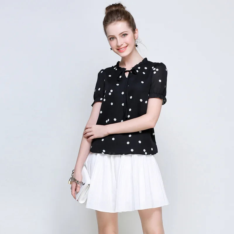 

Kerrilado New Fashion Stand Women Chiffon shirt Look Slim Plus Size Polka Black Polka Dot High Quality Round Neck AD28