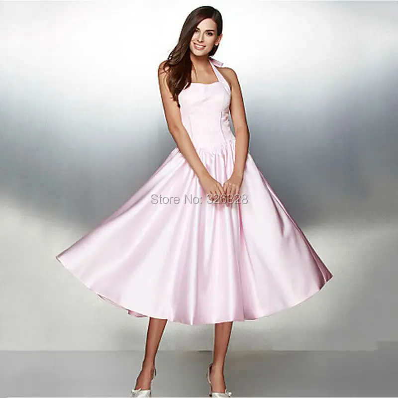 Candy Pink A-line Halter Tea-length Satin Bridesmaid Dress 2016 New Arrival Short Cheap Party Gowns Lace Up Back robe demoiselle | Свадьбы и