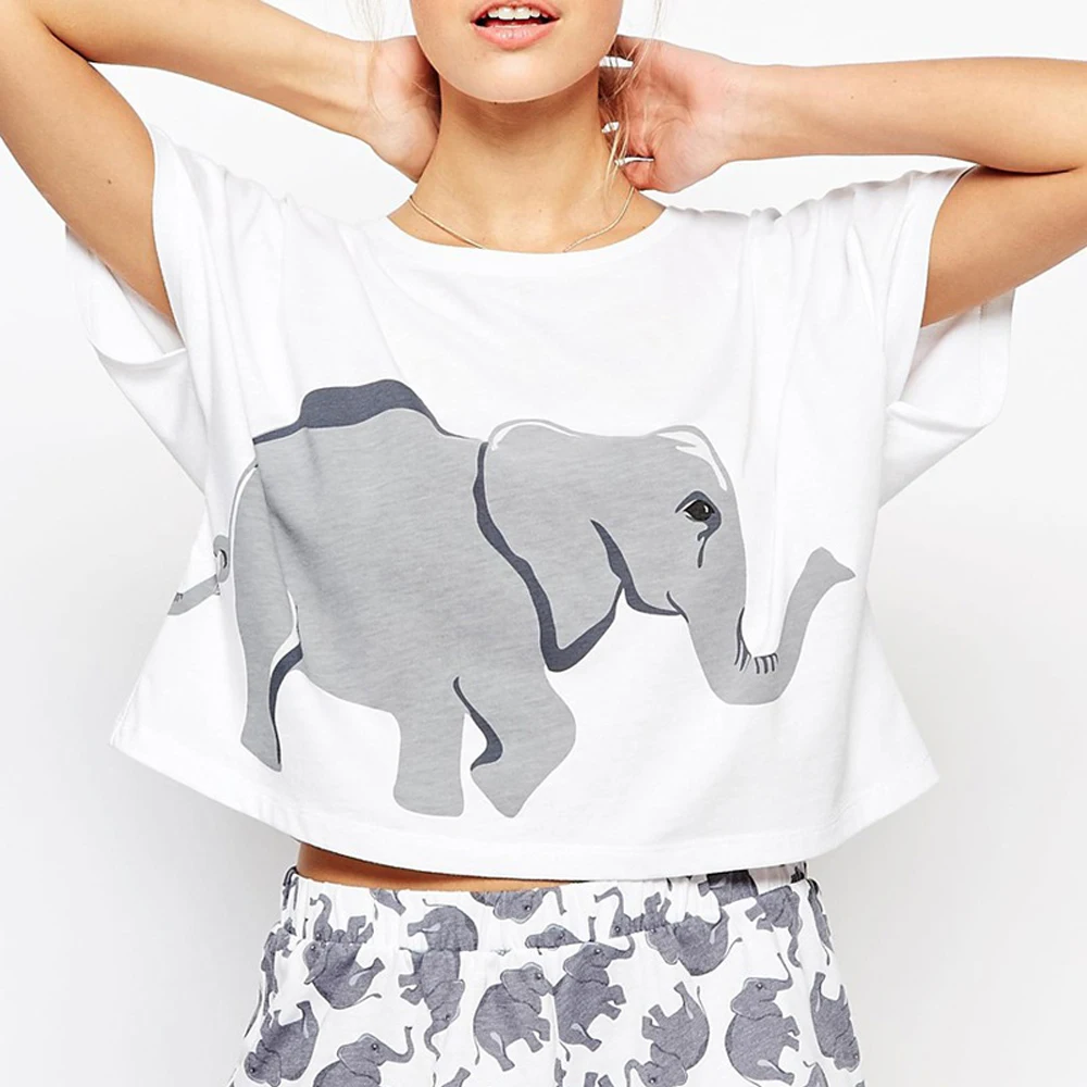 Комплекты пижамы из хлопка для женщин, футболки с изображением слона и животных, забавные сексуальные шорты, одежда для сна, одежда для сна для девочек-подростков