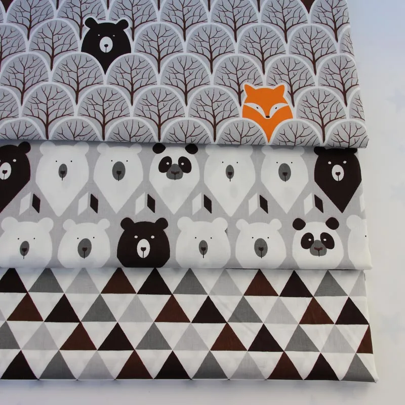 

160CM*50CM cotton fabric cartoon grey trees fox bear panda black brown tri angle for DIY kids tent bedding decoration crafts