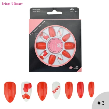 

14pcs/pack Fake Nails Art Bohemi Geometry Heart-shaped Jeans Lattice Patten False Nails with Glue Full Cover Medium Length