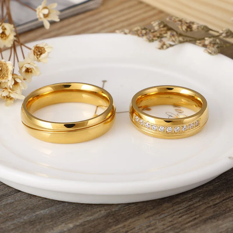 Модный золотого цвета из нержавеющей стали кубического циркония обручальное кольцо для женщин и мужчин Alliance юбилейные ювелирные изделия классические парные кольца