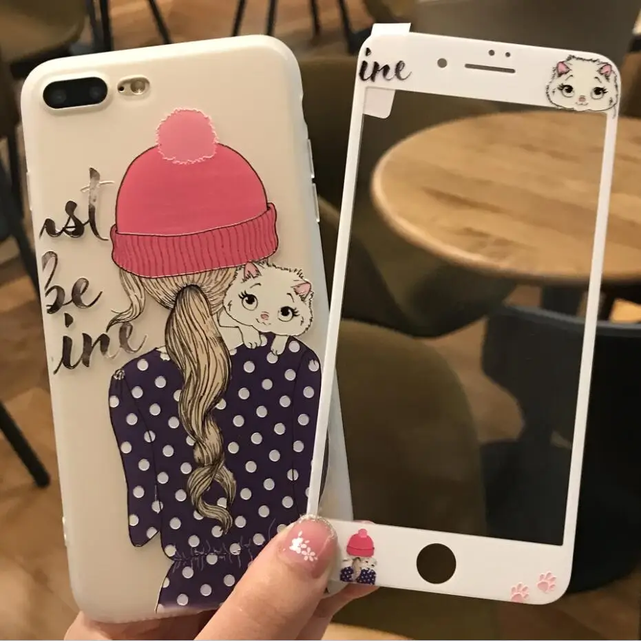 360 Full Cover Cases For Iphone 7 Plus Case Original Cute 3d Cartoon Cover For Iphone 6 6s 7 8 Plus X Bumper Tempered Glass