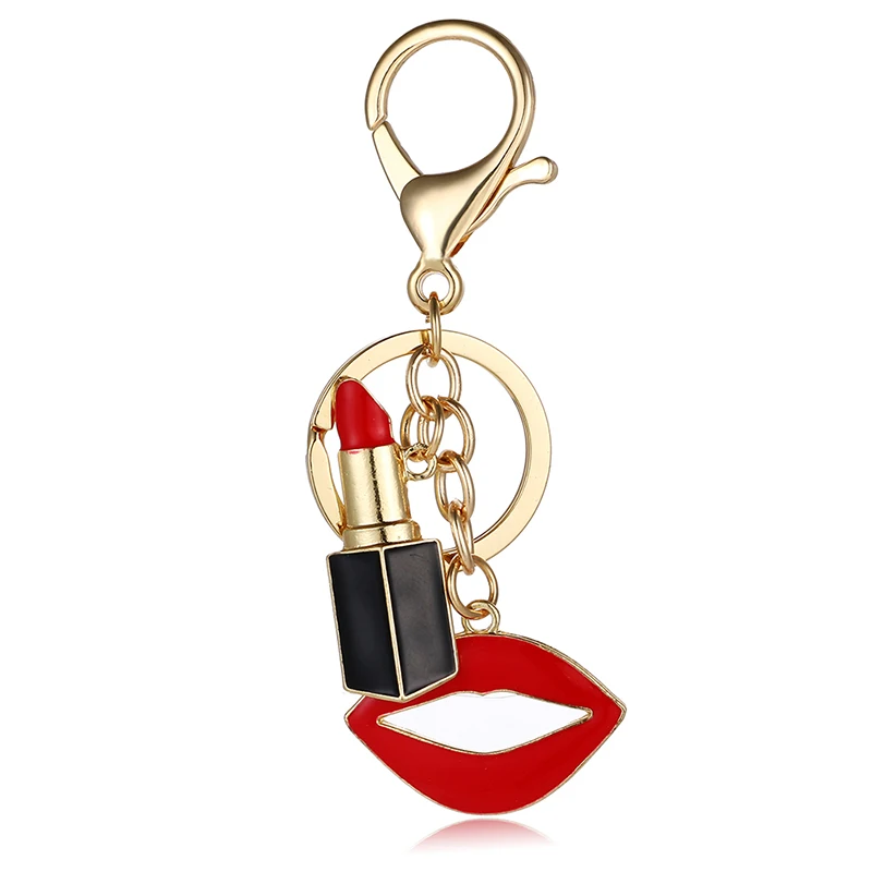 Hot selling gold rhinestone crystal charm enamel red lipstick lipstick bag key chain handbag ysk036