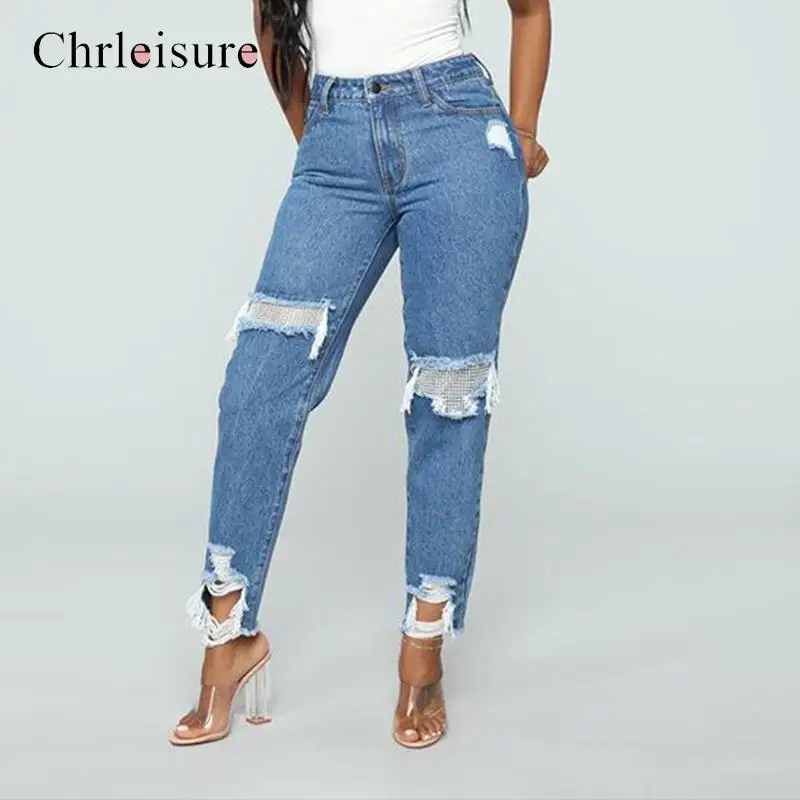 

Chrleisure Women Fashion Jeans Loose Female Destroyed Jeans Ladies Casual Shredding Pocket Jeans Trousers
