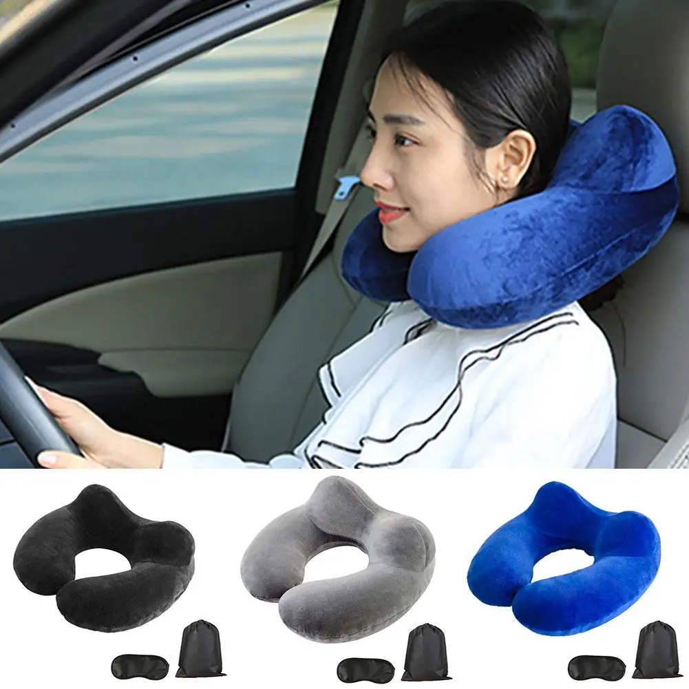 3Pcs/Set U Shape Inflatable Travel Pillow Neck Rest Cushion Storage Bag Eye Mask | Дом и сад