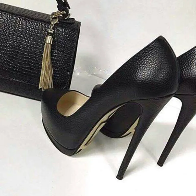 SHOFOO shoes, fashion beautiful free shipping, black litchistria PU, 14.5 cm high-heeled shoes,round toe pumps.SIZE:34-45