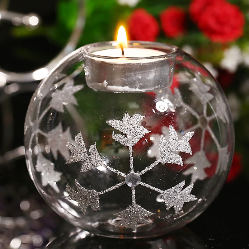 Transparent Ball Glass Candle Holder Christmas Dinner Table Tealight With Silver Snowflake