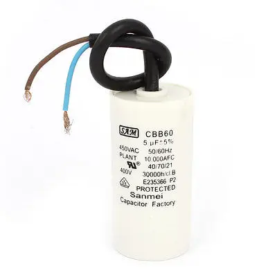 

AC 450V 5uF 2 Wires Cylinder Shaped Non Polar Motor Capacitor White CBB60