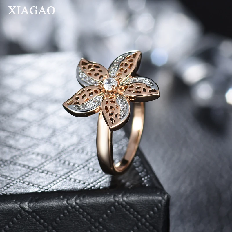 

XIAGAO Cubic Zirconia Flower Rings For Women Fashion Gold Color Crystal Female Party Wedding Engagement Bridal Ring XGR639