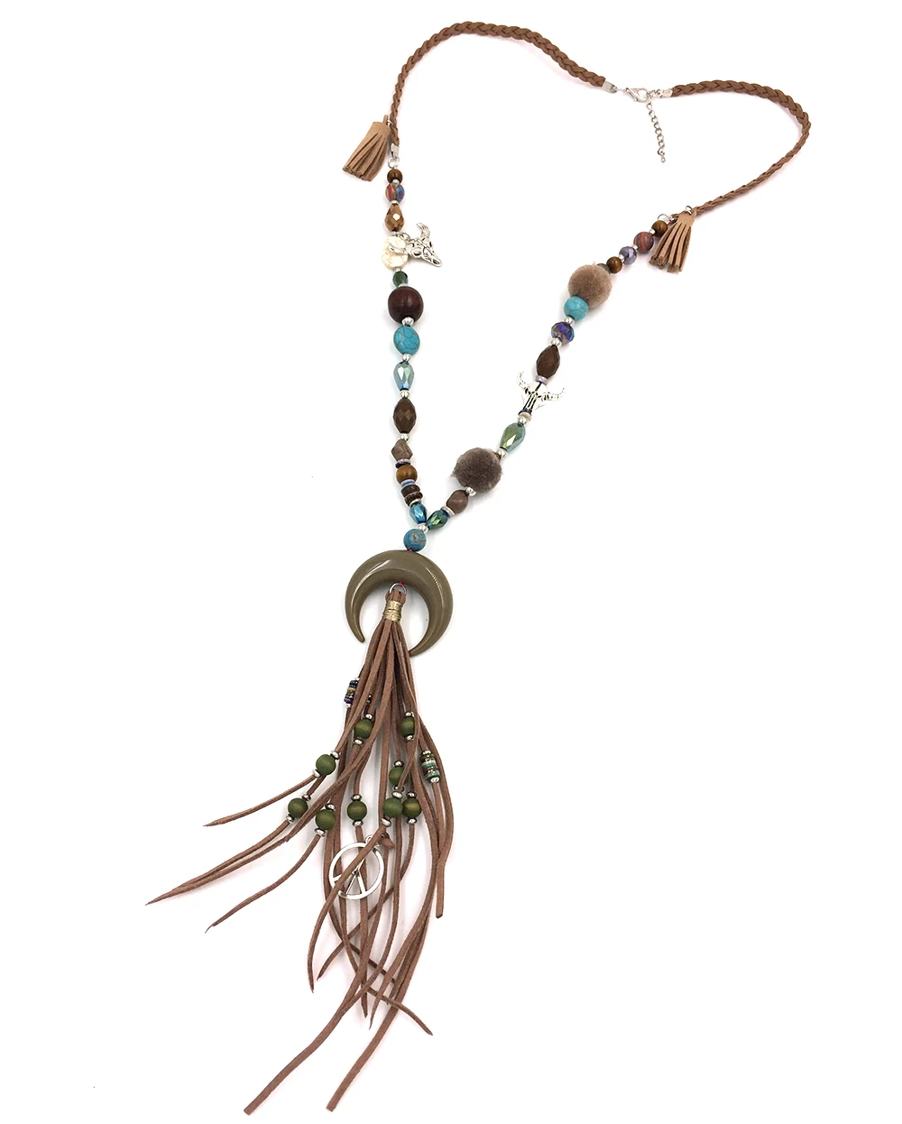 New Bohemia Boho long Necklace colorful beads chain leather tassel pendant Necklace long fringe moon crescent pendants necklace