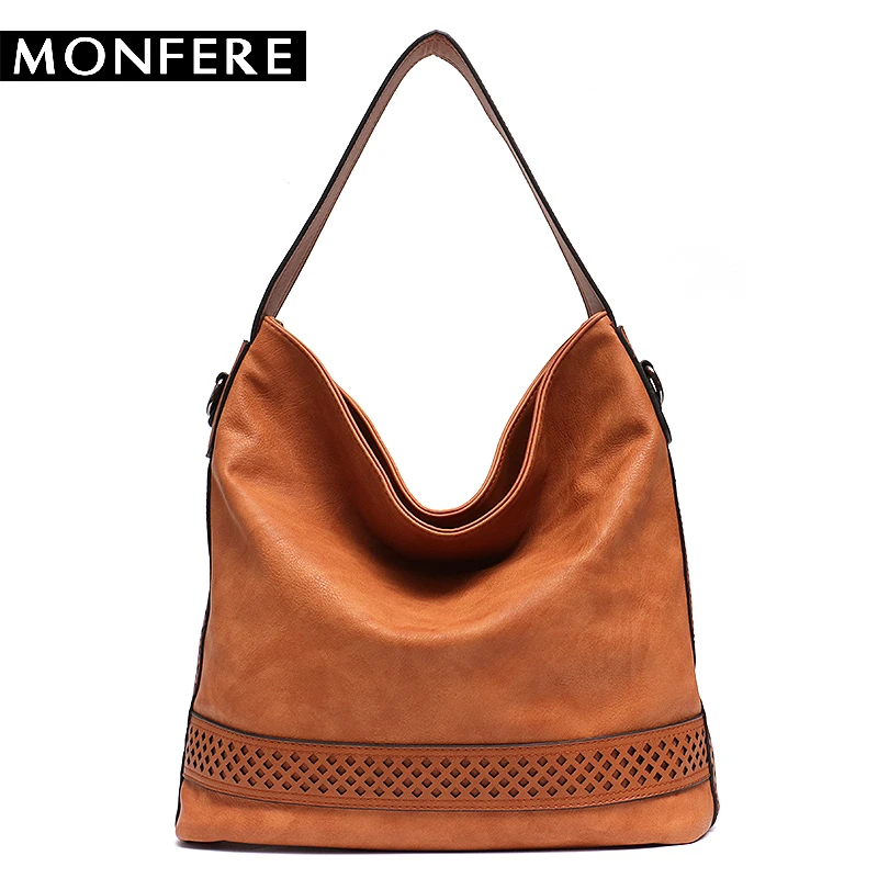 

MONFERE Brand Women's Faux Leather Handbags High Quality Female Hobos Single Shoulder Bags Solid Cut Pattern Soft Ladies Totes