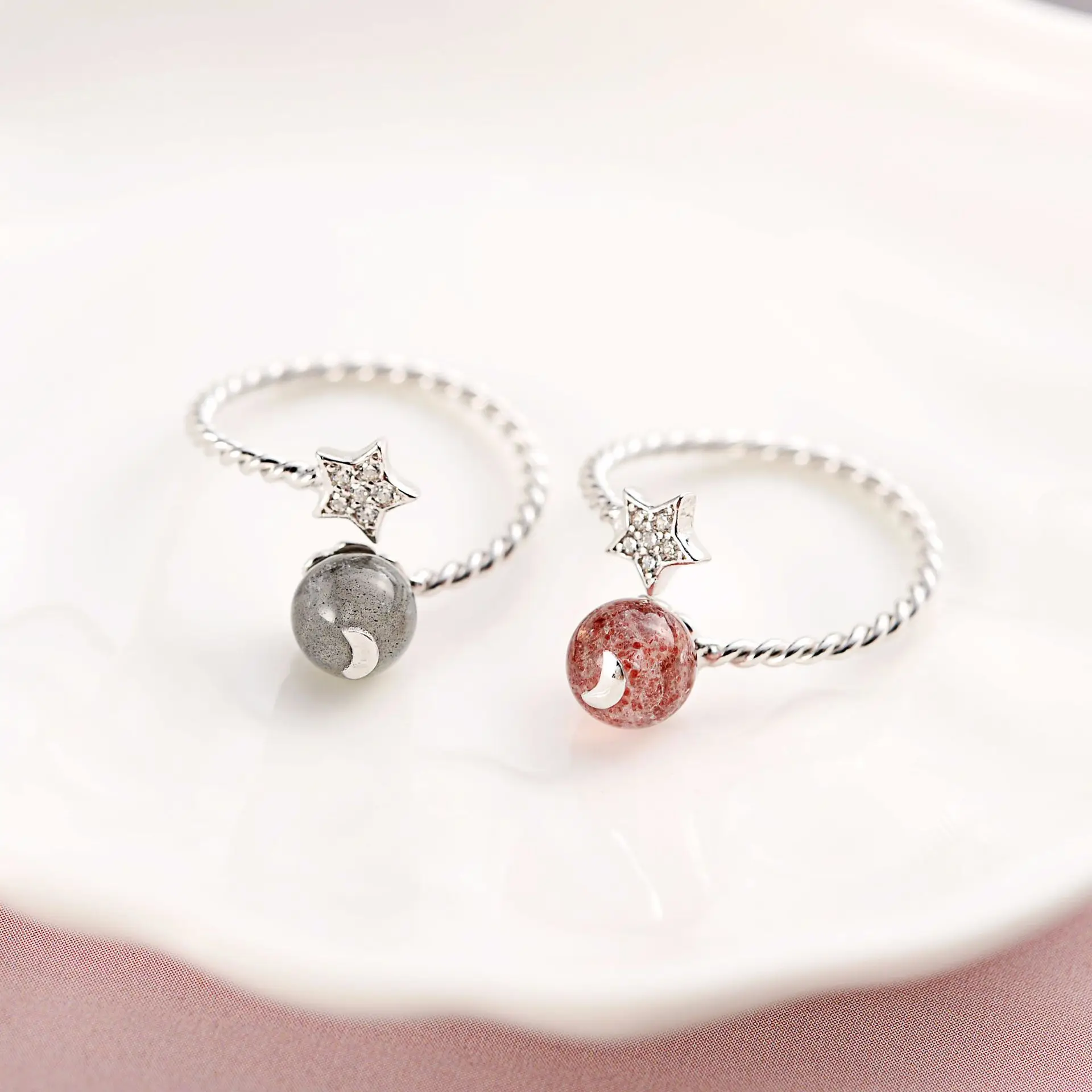 strawberry crystal star moonlight stone open ring 100% Sterling 925 silver Jewelry Vintage Adjustable rings for women girl gift