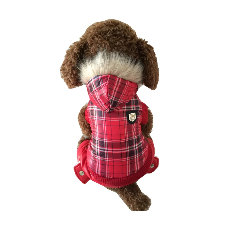 Новая красная клетчатая зимняя одежда с капюшоном для собак, толстая куртка для собак, чихуахуа, щенка, теплое зимнее пальто, костюм для собак, S-XL