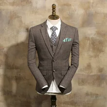 Новое поступление модный винтажный кофейный клетчатый пиджак с пряжкой мужские тонкие костюмы в британском стиле мужские блейзеры бизнес размера плюс пиджак