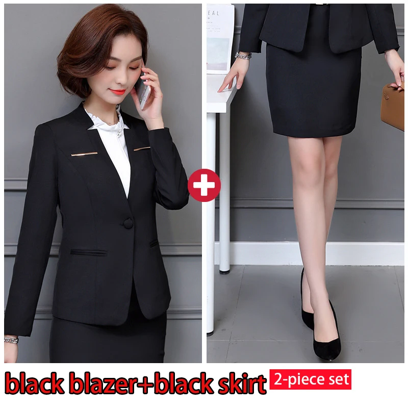 black skirt suits Новинка, модные деловые женские брюки для интервью, костюмы размера плюс, для работы, офиса, для девушек, с длинным рукавом, строгие блейзеры и брюки, набор - Цвет: black skirt suits
