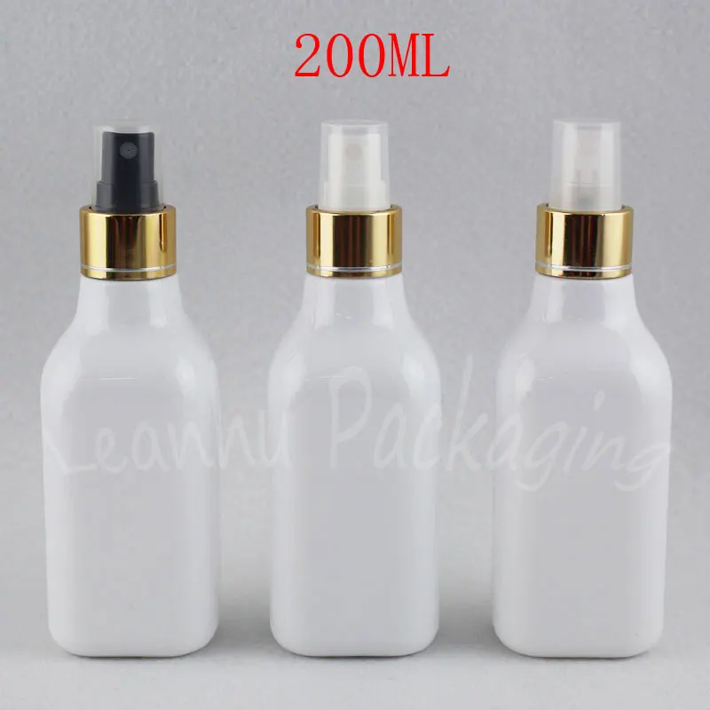 200ML White Square Plastic Bottle With Gold Spray Pump , 200CC Makeup