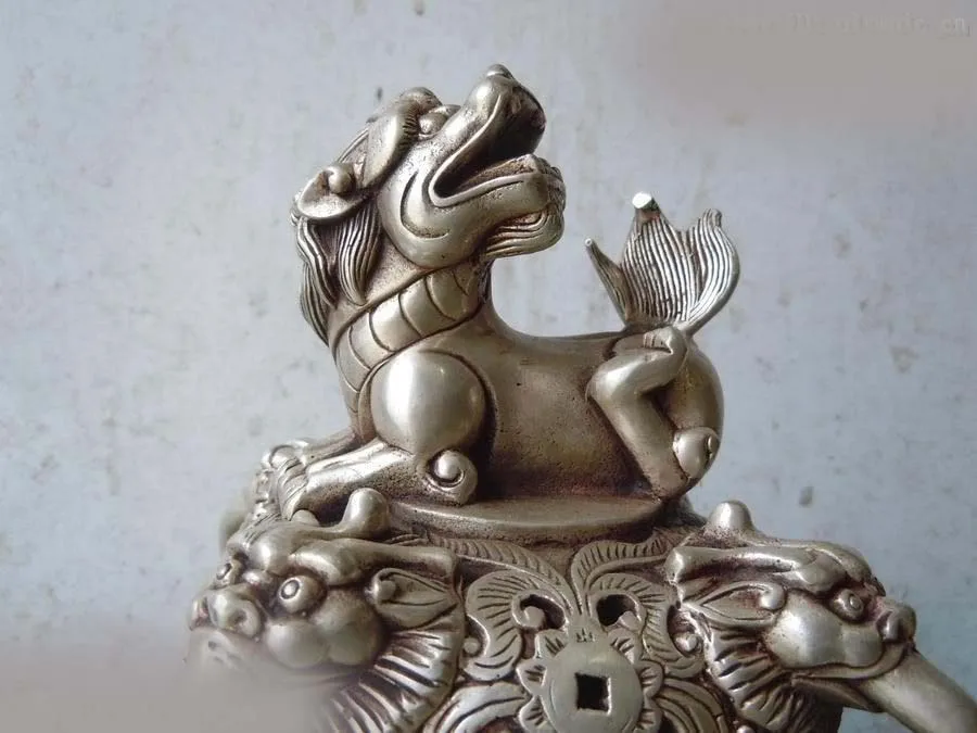 

12" China silver lion 2 dragon play bead censer Incense Burners Sculpture statue (D0426)