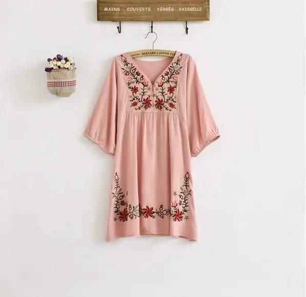 Винтаж 70s мексиканская в этническом стиле с цветочной вышивкой платья для женщин, Воно хиппи повседневные платья размера плюс, женская одежда, женская верхняя одежда, Vestidos - Цвет: Розовый