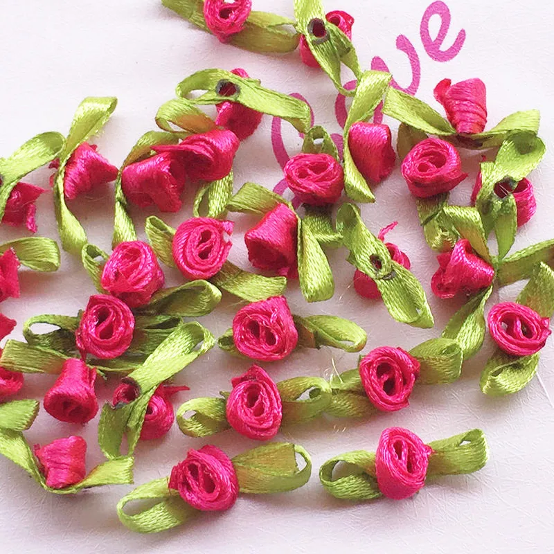 

200 Pcs/pack Fushia color Appliques Scrapbooking DIY Satin Ribbon Roses Flower Sewing Handmade Small Wedding Party Craft Decor
