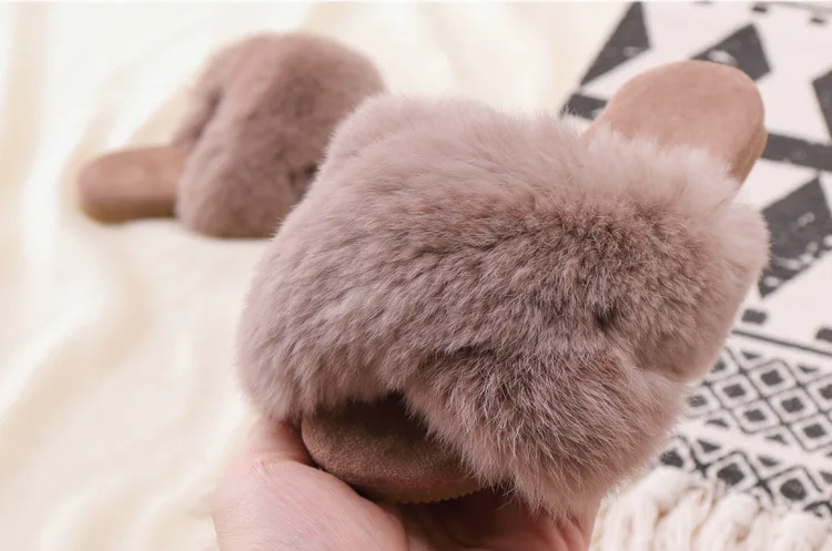 New Spring Plush Slippers Girls Slippers Real Rabbit Fur Shoes Open Toe Slippers All-match Childrens Shoes Summer Home Slippers