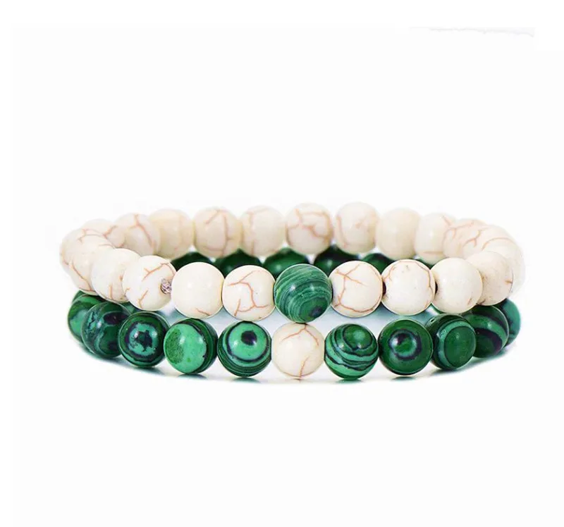 PHB002 2pcs/set 8mm Natural Stone Bracelets& Bangles Couple Bracelet for Lovers Gift - Окраска металла: white green