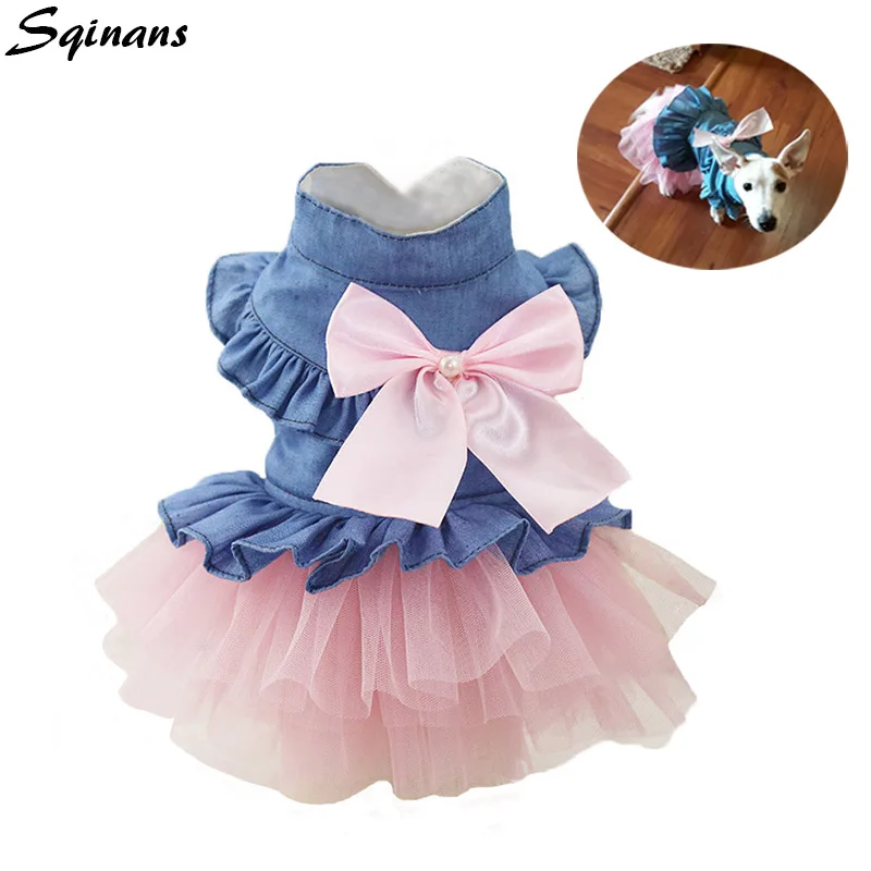 Sqinans Summer Pet Dog Dress Bowknot Deco Denim Puppy Cat Clothes Noble