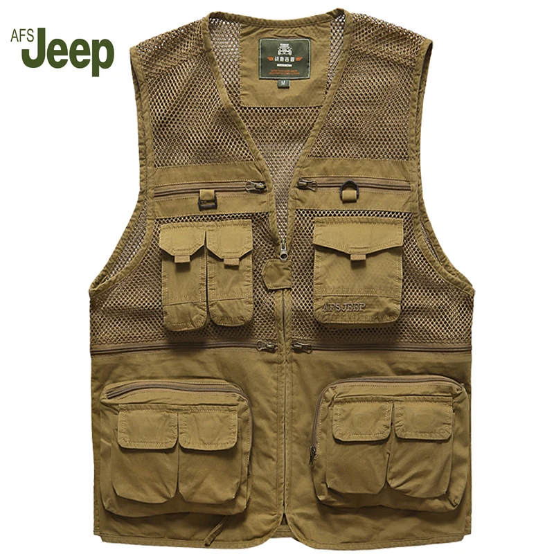 2017 AFS JEEP Brand Summer Men Thin Vest Mesh Multi Pocket Vest Zipper Solid Color Casual Loose