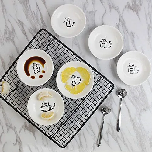 6pcs Round Bowl Cat Ceramic Vinegar Seasoning Butter Dish Mini Sauce Salt Snack Small Plate For Kitchen Gadget ceramic dinner