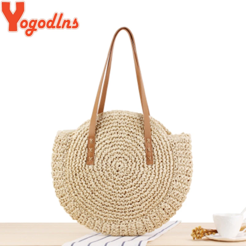 Yogodlns New Round Straw Bags Women Summer Rattan Bag Simple Style Handmade Woven Beach Knitted Bag Circle Bohemia Handbag Bali