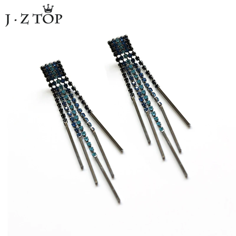 

JZTOP Blue Full Rhinestone Vintage Tassel Drop Earrings For Women Multilayer Crystal Long Metal Chain Dangle Earring Jewelry